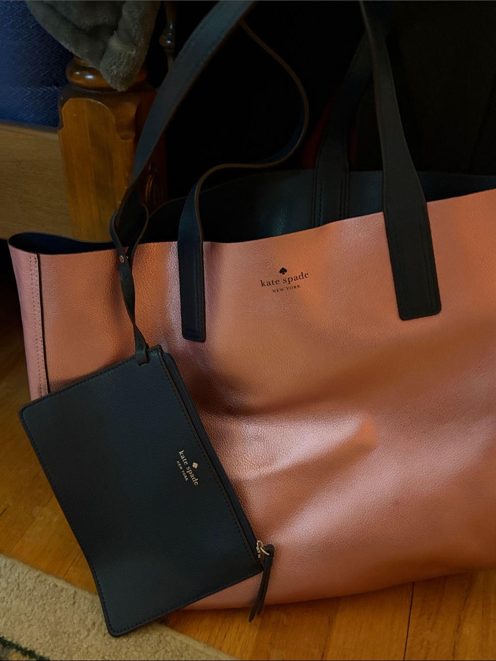 kate spade Navy Blue and Pink Reversible Leather Tote Shoulder Bag - Picture 4 of 5